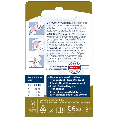 Восковые беруши для сна OHROPAX Classic 12 шт.